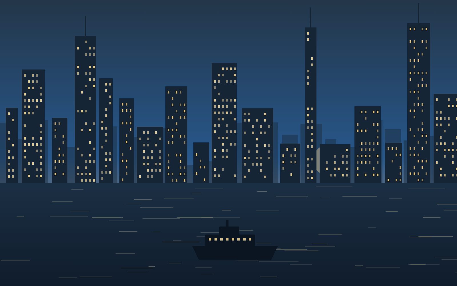 The Chicago skyline from the river at dusk
